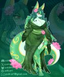 absurd_res anthro asian_clothing big_breasts breasts clothing female flower generation_5_pokemon hi_res lily_pad mature_female nintendo plant pokemon pokemon_(species) serperior solo standing text thick_thighs url walking yyukiartt