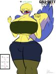 3:4 activision anthro big_breasts blush bottomwear breasts call_of_duty call_of_duty:_black_ops_ii clothing english_text female galvantula generation_5_pokemon hi_res huge_breasts nintendo pokemon pokemon_(species) riku9797 shorts simple_background solo text topwear white_background yellow_body