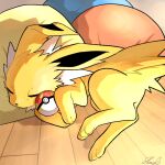 1:1 2026 ambiguous_gender artist_name colored cushion daww digitigrade eeveelution eyes_closed fast_ball feral floor fur generation_1_pokemon head_on_cushion hi_res holding_object holding_pokeball inside jolteon nintendo pokeball pokemon pokemon_(species) shaded shual3734 signature sleeping solo text wall_(structure) white_body white_fur wood wood_floor yellow_body yellow_fur