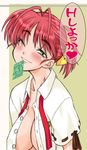  antenna_hair blush breasts condom condom_in_mouth condom_wrapper green_eyes hayase_mina large_breasts mouth_hold nakagami_takashi no_bra one_eye_closed open_clothes open_shirt ponytail red_hair school_uniform sexfriend shirt solo 