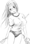  artist_request breasts buruma copyright_request covered_nipples double_vertical_stripe glasses greyscale gym_uniform hairband huge_breasts mace monochrome polearm solo spear weapon 