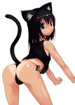  :3 all_fours animal_ears areola_slip areolae ass back bangs black_hair black_panties blue_eyes bosshi cat_ears cat_tail copyright_request flat_chest from_behind looking_back one-piece_tan panties shiny shiny_skin short_hair side-tie_panties simple_background smile solo tail tan tank_top tanline thong underwear 