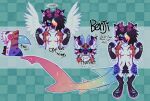 2026 angel anthro aquatic belly_nipples benji_(pinatareaper) blue_eyelids blue_horn bridge_piercing brown_hair cherry_blossom chin_piercing crotch_tuft digital_media_(artwork) dragon english_text exaggerated_mastectomy_scar facial_piercing fangs feathered_wings feathers feet felid fish flower forearms fur gradient_fur gradient_hair gradient_markings hair halo hi_res horn hybrid male mammal mastectomy_scar model_sheet multicolored_hair multicolored_tail mythological_creature mythological_scalie mythology nipples nose_piercing pantherine piercing pinatareaper pink_nipples pink_scar plant prunus_(flower) rainbow_hair rainbow_tail requiem_shark scaled scaled_forearms scaled_legs scales scalie scar shark shark_fin shark_tail simple_background smile solo standing striped_body stripes tail teeth text tiger tiger_shark tuft two_tone_nose wings