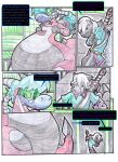 2009 anthro belly big_belly black_body black_fur blue_clothing blue_hair blue_shirt blue_topwear clothing comic computer dragon duo electronics equid equine female fur hair horse huge_belly inside male mammal melee_weapon mythological_creature mythological_scalie mythology overweight scalie shirt speech_bubble sword text topwear traditional_media_(artwork) virus-20 weapon white_hair