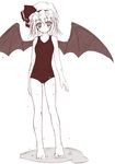  barefoot bat_wings flat_chest hat mob_cap monochrome one-piece_swimsuit pink puddle remilia_scarlet school_swimsuit sketch solo swimsuit touhou wet wings yumesato_makura 