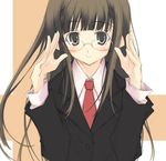  brown_hair copyright_request glasses grey_eyes long_hair long_sleeves looking_at_viewer murata_mine necktie red_neckwear school_uniform smile solo uniform 