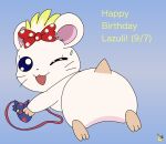 accessory artist_logo bag bow_ribbon butt cricetid english_text female female_feral feral fur hair_accessory hair_bow hair_ribbon hamster hamtaro_(series) happy_birthday hi_res lazuli_(hamtaro) letterbox logo looking_at_viewer looking_back looking_back_at_viewer lying mammal on_front one_eye_closed pichu90 ribbons rodent satchel simple_background solo text white_body white_fur wink