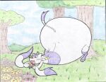 2013 anthro big_butt butt dessert doughnut food generation_5_pokemon huge_butt mienshao nintendo outside overweight pastry pizza plant pokemon pokemon_(species) red_eyes solo traditional_media_(artwork) tree virus-20
