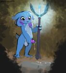 3_fingers 3_toes anthro aquatic balls blazydragon blue_body bodily_fluids cum cum_drip cum_on_ground detailed_background dripping feet fingers fizz_(lol) genital_fluids genitals green_eyes league_of_legends male masturbation pseudo_hair riot_games smile solo staff standing tencent tentacle_hair tentacles toes yordle