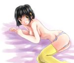  black_hair blue_panties blush dozepara hair_ornament ichigo_100_percent lying minamito_yui on_side panties short_hair smile solo thighhighs topless underwear yellow_eyes yellow_legwear 