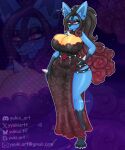 absurd_res alternative_fashion anthro big_breasts black_clothing breasts clothing female flower generation_4_pokemon goth hair hi_res long_hair lucario mature_female nintendo plant pokemon pokemon_(species) punk rose_(flower) solo spikes standing thick_thighs yyukiartt