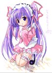  blue_eyes copyright_request ein_(long_cake) hair_ribbon long_hair long_sleeves maid purple_hair ribbon solo twintails very_long_hair 