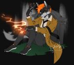absurd_res anthro blackwolf275 canid canine card cigarette clothing coat cosplay elemental_manipulation fire fire_manipulation fox hi_res john_constantine magic_user male mammal red_fox riley_collins_(asrielth3f0x) simple_background solo tarot tarot_card tombstone topwear trenchcoat true_fox