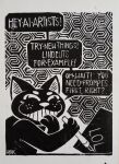  2026 absurd_res ambiguous_gender anthro black_body blade border english_text felid feline handwritten_text hi_res humor linocut_(artwork) mammal monochrome nikraccoom pattern_background signature simple_background smile smirk solo speech_bubble text traditional_media_(artwork) white_border 