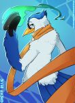 2025 4_fingers abstract_background anthro arm_tuft artist_name avian beak big_hands biped bird blue_arms blue_background blue_body blue_hands blue_tail blue_tail_feathers character_name chest_tuft clothing digital_drawing_(artwork) digital_media_(artwork) elbow_tuft english_text eyewear feathered_tail feathers fingers gradient_background great_blue_(character) great_blue_heron great_heron half-length_portrait hat head_tuft headgear headwear heron holding_clothing holding_hat holding_headgear holding_headwear holding_object lidded_eyes looking_at_viewer looking_back looking_back_at_viewer male mostly_nude mostly_nude_anthro mostly_nude_male multicolored_body neck_tuft orange_scarf peaked_cap pelecaniform portrait raised_arm repulsionhex scarf shaded shoulder_tuft simple_background smile smiling_at_viewer smirk smirking_at_viewer smug solo standing sunglasses tail team_fortress_2 text thick_arms three-quarter_view tuft two_tone_arms two_tone_body valve white_arms white_body winged_arms wings yellow_beak youtuber