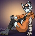 absurd_res anthro arctic_fox blue_body blue_fur blue_hair bra canid canine clothing ear_piercing female fox fur hair hi_res kusan_city_of_wolves mama_(kusan_city_of_wolves) mammal mechanic_outfit piercing prosthetic prosthetic_arm prosthetic_limb red_eyes solo true_fox underwear vizelius