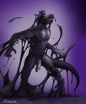 4_toes 5_fingers absurd_res after_transformation anthro balls bdsm black_body black_goo bondage bound claws corruption dewclaw dragon erection feet finger_claws fingers foreskin frill_(anatomy) genitals glistening glistening_genitalia glistening_penis goo-connected_lips goo_creature goo_transformation head_crest head_frill hi_res male mid_transformation monotone_body monster moracine muscular muscular_anthro muscular_male mythological_creature mythological_scalie mythology nude panicked_look panicking pecs penis purple_background scalie scared signature simple_background slime snout solo tail toe_claws toes transformation