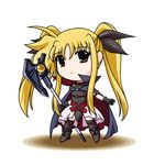  arm_belt artist_request bardiche belt blonde_hair cape chibi fate_testarossa gloves hair_ribbon holding holding_weapon lyrical_nanoha magical_girl mahou_shoujo_lyrical_nanoha miniskirt red_eyes ribbon shoes skirt solo thighhighs twintails weapon 
