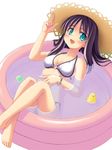  atsushima_you ball bare_shoulders barefoot bikini blue_eyes bracelet brown_hair copyright_request hat jewelry long_hair o-ring o-ring_top open_mouth ringed_eyes simple_background solo straw_hat swimsuit wading_pool water white_background 