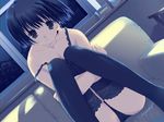  asou_asuna black_eyes black_hair black_legwear black_panties bob_cut dutch_angle game_cg lace lace-trimmed_thighhighs mitsumi_misato panties short_hair solo strap_slip tenshi_no_inai_12-gatsu thighhighs underwear 