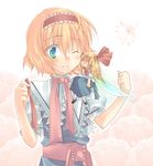  alice_margatroid blonde_hair blush fairy fairy_wings flower kokono_coco minigirl one_eye_closed ribbon shanghai_doll short_hair smile solo touhou wince wings 