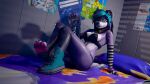  16:9 3d_(artwork) anthro arm_warmers armwear barefoot bed bedroom black_bra black_clothing black_panties black_underwear blue_eyes blue_hair bra bracelet breasts canid canine canis choker cleavage clothed clothing digital_media_(artwork) eyewear eyewear_on_head feet female footwear frutiger_aero frutiger_metro fur furniture hair hi_res inside jewelry legs_up looking_at_viewer lying mammal multicolored_hair navel necklace on_side panties pattern_clothing pawpads poster purple_body purple_fur raven_wolf shoes sinlifur sneakers soles solo striped_clothing stripes sunglasses thick_thighs toes underwear white_body white_fur wide_hips widescreen y2k_(graphic_design) 