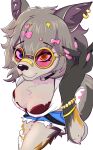 absurd_res accessory anthro arm_markings band-aid bandage belt blush bottomwear bra bra_strap bracelet breasts canid canine choker clothing ear_piercing epic_games eyelashes eyeliner eyewear fangs female fortnite glasses gold_(metal) grabbing grey_body grey_hair hair hair_accessory hairpin heterochromia hi_res inner_ear_fluff jewelry lace_bra leg_markings legwear long_hair makeup mammal markings necklace pawpads piercing shirt shorts snout solo tail teeth thick_thighs topwear tuft underwear vannillama viewed_from_above wearing_glasses wolfie_(fortnite)