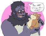 2026 anthro ape belly biped blizzard_entertainment blush brown_body cricetid duo english_text eyewear glasses gorilla hammond_(overwatch) hamster haplorhine holding_another humanoid_hands male male/male mammal open_mouth overwatch primate repulsivehawg rodent simple_background size_difference slightly_chubby speech_bubble standing text wearing_glasses winston_(overwatch)