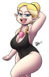 2023 5_fingers absurd_res accessory akihirorod alternate_color artist_collaboration bare_shoulders bent_arm bent_leg big_breasts big_eyes big_iris big_tongue biped black_clothing black_eyebrows black_swimwear blonde_hair blue_eyes breasts clothed clothed_female clothed_humanoid clothing collarbone curved_eyebrows dated digital_drawing_(artwork) digital_media_(artwork) disney ear_piercing ear_ring eyebrow_through_hair eyebrows eyelashes female fingers gem glistening glistening_eyes glistening_gem gp_spices hair hair_accessory hair_bun hair_ring hand_behind_head hi_res hoop_ear_ring humanoid humanoid_pointy_ears iris jewelry light_body light_hair light_skin lips long_eyelashes looking_at_viewer mammal mature_female mature_humanoid monotone_background necklace not_furry odalia_blight on_one_leg one-piece_swimsuit open_mouth open_smile orange_lips piercing pink_gem pink_tongue pinup pointy_ears pointy_nose portrait pose pupils ring_piercing short_hair signature simple_background skimpy skimpy_swimwear smile smiling_at_viewer solo standing swimwear teeth the_owl_house thick_lips thick_thighs three-quarter_portrait three-quarter_view tongue translucent translucent_hair white_background white_sclera wide_hipped_female wide_hipped_humanoid wide_hips witch_(the_owl_house) yellow_jewelry yellow_necklace