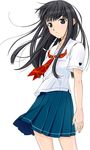  black_eyes black_hair closed_mouth eyebrows_visible_through_hair face futami_eriko kibina_high_school_uniform kimi_kiss long_hair messy_hair pleated_skirt school_uniform simple_background skirt solo white_background wind yamaguchi_homupe 