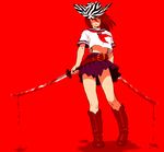  aya_(oneechanbara) belt blood bloody_weapon boots cowboy_boots cowboy_hat dual_wielding full_body hat holding jinroku oneechanbara pleated_skirt red school_uniform skirt smile solo standing sword weapon western 