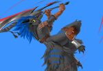 2025 absurd_res bird_wyvern black_body black_feathers blue_background blue_feather_hair breasts capcom clothing colored digital_drawing_(artwork) digital_media_(artwork) digitigrade feathers female giant_weapon gloves green_eyes green_sclera handwear hi_res holding_object holding_weapon horn leather leather_clothing leather_gloves leather_handwear leg_bag leg_wraps looking_at_viewer low-angle_view melee_weapon midair monster_hunter motion_lines saddle_bikini seikret shaded silltut_(artist) simple_background solo spinning tail tail_feathers weapon wraps