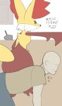 2022 absurd_res all_fours ambiguous_anthro ambiguous_gender anthro biped canid cooking_pot delphox digital_media_(artwork) duo english_description english_text generation_6_pokemon hi_res human inkune inside japanese_text kitchen male male_human mammal nintendo pokemon pokemon_(species) rear_view side_view sitting sitting_on_another snout text translated unavailable_at_source