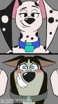 101_dalmatian_street 101_dalmatians absurd_res age_difference blush canid canine canis collar dalmatian delilah_(101_dalmatians) disney domestic_dog duo ears_down embarrassed eye_contact female feral hansel_(101_dalmatians) hi_res husky kabedon lightningknight looking_at_another male male/female mammal nordic_sled_dog older_female pivoted_ears size_difference spitz spots younger_male
