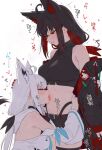ahoge animal_ears animal_humanoid bare_shoulders belt big_breasts black_bottomwear black_clothing black_crop_top black_hair black_jacket black_shirt black_shorts black_topwear blue_nails blush bodily_fluids bottomwear bow_(feature) breasts canid canid_humanoid canine canine_humanoid clenched_teeth clothed clothing colored_nails crop_top dual_persona duo eyeliner eyes_closed female female/female fluffy_ears fox_humanoid hair hair_between_eyes half-closed_eyes hand_on_another's_head hand_on_another's_hip hand_on_hip heart_symbol hi_res hololive human_and_animal_ears humanoid jacket kurokami_fubuki licking licking_another long_hair makeup mammal mammal_humanoid midriff multi_ear nails narrowed_eyes open_clothing open_jacket open_topwear red_eyeliner red_eyes red_nails saliva saliva_string shirakami_fubuki shiroi_yoru shirt shorts simple_background sleeveless_clothing string_panties teeth thigh_strap tongue topwear vtuber white_background white_hair
