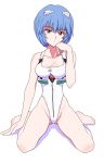  1girl absurdres arm_support ayanami_rei barefoot blue_hair borkdit2110 breasts collarbone commentary full_body highres interface_headset_(evangelion) looking_at_viewer neon_genesis_evangelion one-piece_swimsuit red_eyes short_hair simple_background sitting solo swimsuit wariza white_background white_one-piece_swimsuit 