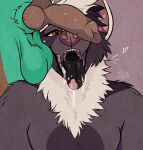 animal_genitalia animal_penis anthro balls bat bodily_fluids canine_genitalia canine_penis caspian_(chirxpteras) chiro_(chirxpteras) chirxpteras dripping drooling duo erection fluffy_mane fur genitals grey_body grey_fur hi_res hyena knot knotted_penis male male/male mammal mane markings megabat mouth_shot multicolored_body multicolored_fur open_mouth penis penis_on_face pink_penis saliva saliva_drip saliva_on_tongue solo_focus spots spotted_ears spotted_hyena spotted_markings spotted_tongue teeth tongue white_body white_fur white_mane yellow_eyes