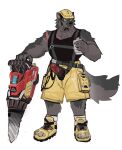 absurd_res anthro arm_scar armor biped black_body black_fur bottomwear canid canine canis canteen casual_exposure chest_scar chinese_description clothed clothing countershading digital_drawing_(artwork) digital_media_(artwork) dr.kiyo drill flat_colors fluffy fluffy_tail footwear front_view full-length_portrait fur grey_body grey_countershading grey_fur hard_hat harness headgear helmet hi_res holding_object male male_anthro mammal multicolored_body multicolored_fur muscular muscular_anthro muscular_male partially_clothed partially_clothed_anthro partially_clothed_male plantigrade portrait scar shirt shoes shorts simple_background solo standing tail tank_top topwear two_tone_body two_tone_fur white_background wolf yellow_eyes