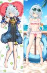  1girl antenna_hair bandaid bandaid_on_leg bare_shoulders barefoot beach bikini black_choker black_dress blue_dress blue_gloves blue_sky choker closed_mouth collared_shirt commentary_request cup dakimakura_(medium) dracaene_sunbringer dress drinking_straw english_commentary eyewear_on_head feet frilled_bikini frilled_pillow frills gloves green-tinted_eyewear grey_hair hair_over_one_eye heart heart-shaped_pillow highres holding holding_cup looking_at_viewer lying mixed-language_commentary multiple_views navel niiya on_back open_mouth outdoors paid_reward_available palm_tree partially_fingerless_gloves pillow pink_bikini red_pillow sand shirt sky smile sunglasses swim_ring swimsuit tinted_eyewear toes tree twintails two-tone_dress yellow_eyes zenless_zone_zero 