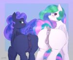 animal_genitalia animal_vulva anus ass_to_ass big_butt blue_body blush butt duo equid equine equine_anus equine_genitalia equine_vulva eyelashes feathered_wings feathers female female_feral feral friendship_is_magic genitals hair hasbro hi_res icefoxpk long_hair looking_at_viewer looking_back mammal multicolored_hair my_little_pony mythological_creature mythological_equine mythology pegasus princess_celestia_(mlp) princess_luna_(mlp) puffy_anus pupils quadruped sibling_(lore) sister_(lore) sisters_(lore) smile tail teats thick_thighs vulva white_body wings