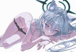  1girl animal_ear_fluff animal_ears black_halo black_panties blue_archive breasts commentary_request cross_hair_ornament grey_hair hair_ornament halo highres hisnameissky large_breasts long_hair looking_at_viewer multicolored_eyes panties panty_pull shiroko_terror_(blue_archive) simple_background solo thighs topless_female two-tone_eyes underwear white_background wolf_ears wolf_girl 