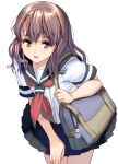  1girl bag blue_sailor_collar blue_skirt brown_eyes brown_hair highres keychain leaning_forward long_hair masao original parted_lips pleated_skirt red_neckwear sailor_collar school_bag school_uniform serafuku short_sleeves skirt thighs uniform 