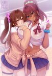  2girls :d absurdres amesuku_gyaru black_choker blue_eyes blue_scrunchie blush bow bowtie breasts brown_cardigan brown_hair button_gap cardigan cardigan_around_waist choker clothes_around_waist collared_shirt dark-skinned_female dark_skin diagonal-striped_bow dress_shirt ear_piercing earrings eyeshadow fang finger_heart fingernails grabbing_another's_breast green_scrunchie grin groping gyaru hair_between_eyes hair_intakes hair_ornament hair_scrunchie hand_on_another's_hip high_ponytail highres homura_ember hug huge_breasts jewelry kogal long_fingernails long_hair long_sleeves looking_at_viewer makeup masuku_michiru midriff miniskirt multiple_girls nail_art nail_polish navel navel_piercing original piercing pink_scrunchie plaid_clothes plaid_skirt pleated_skirt ponytail purple_skirt red_bow red_bowtie red_eyes red_eyeshadow red_hair ryncka school_uniform scrunchie see-through_clothes see-through_shirt shirt side_ponytail skirt sleeves_past_wrists sleeves_pushed_up smile striped_bow sweatdrop thigh_strap tied_shirt triangle_earrings v v_over_mouth very_long_hair white_shirt wing_collar wrist_scrunchie yuri 
