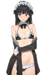  1girl alternate_costume amagami ass_visible_through_thighs averting_eyes ayatsuji_tsukasa bikini black_bikini black_eyes black_hair blush breasts collarbone commentary_request cowboy_shot frills hairband hand_on_own_arm highres lolita_hairband long_sleeves maid maid_bikini medium_breasts navel off_shoulder serizawa_(serizawaroom) solo swimsuit unconventional_maid 