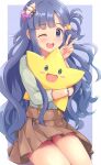  1girl :d asari_nanami blue_eyes blue_hair blush border brown_skirt commentary_request crossover densetsu_no_stafy glyn070605a grey_shirt hair_ornament hand_up highres holding idolmaster idolmaster_cinderella_girls long_hair looking_at_viewer miniskirt one_eye_closed open_mouth outside_border pleated_skirt purple_background shell shell_hair_ornament shirt simple_background sitting skirt smile star_(symbol) star_hair_ornament starfy suspender_skirt suspenders three-quarter_sleeves v very_long_hair wavy_hair white_border 
