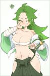  1girl absurdres ahoge bandaged_arm bandages bangle bare_shoulders bracelet breasts budget_sarashi chest_sarashi cleavage closed_mouth clothing_cutout collarbone commentary earrings green_hair hakama highres hip_vent japanese_clothes jewelry katana lieumare long_hair looking_at_viewer looking_to_the_side messy_hair navel original sarashi scar scar_on_arm scar_on_shoulder sheath smile solo sword tamae_(lieumare) weapon yellow_eyes 