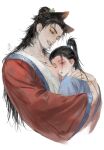  2boys absurdres age_regression aged_down all_wishes_come_true! animal_ears black_hair blood blue_hanfu blue_trim blush brown_eyes chinese_clothes chinese_commentary coat collarbone commentary_request cropped_torso earrings face_to_pecs facial_hair fox_boy fox_ears grin hair_bun hair_ornament hair_pulled_back half_updo hanfu head_on_chest highres hug jewelry kemonomimi_mode large_pectorals leaf_hair_ornament long_hair long_sleeves looking_at_another looking_at_viewer lu_dongbin_(all_wishes_come_true!) male_focus moshengrenshibushimeiyouma multiple_boys mustache_stubble necklace nosebleed one_eye_closed open_clothes open_coat parted_lips pectoral_cleavage pectoral_pillow pectorals ponytail red_coat robe simple_background single_hair_bun smile stubble upper_body white_background white_hanfu wide_sleeves zhongli_quan_(all_wishes_come_true!) 
