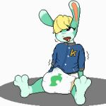 1:1 abdl ahegao animal_crossing anthro big_diaper blonde_hair blue_clothing blue_jacket blue_topwear bodily_fluids clothing cum cum_in_diaper diaper diaper_fetish digital_media_(artwork) ejaculation emanata erection erection_in_diaper genital_fluids green_body hair hi_res jacket lagomorph leporid looking_pleasured male mammal monogram nintendo open_mouth pixel_(artwork) pixxystick print_diaper rabbit sasha_(animal_crossing) simple_background sitting sitting_on_ground solo spread_legs spreading tongue tongue_out topwear unclean_diaper white_background