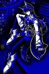  1girl animal_ear_fluff animal_ears arknights arm_support belt_pouch black_cape black_hair black_pantyhose black_vest blue_gloves blue_necktie blue_shorts blue_theme boots cape city city_lights collar collared_shirt commentary ear_piercing english_commentary fingerless_gloves full_body gloves highres long_hair long_sleeves looking_at_viewer monochrome necktie night on_rooftop outdoors pantyhose pantyhose_under_shorts piercing pixel_art pouch shirt short_shorts shorts sitting solo tail texas_(arknights) texas_the_omertosa_(arknights) tofusquisha torn_clothes torn_necktie vest white_boots white_shirt wolf_brooch wolf_ears wolf_girl wolf_tail 