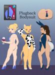 anally_anchored_clothing animal_print anonymous_artist anthro armwear blonde_hair blue_clothing blue_eyes bodysuit brown_eyes brown_hair bunny_costume buttplug clothing costume cow_print diagram digital_media_(artwork) elf english_text felid female footwear front_view glass_of_wine group hair hair_bun headgear headwear heart_buttplug heart_symbol hi_res high_heels human implied_buttplug lingerie lion lipstick makeup mammal meme meme_clothing pantherine pixelated plug_(sex_toy) plugback plugback_bodysuit pose serving_tray sex_toy shoes simple_background simple_coloring skinsuit smile smiling_at_another smiling_at_viewer tail text three-quarter_view tight_clothing trio